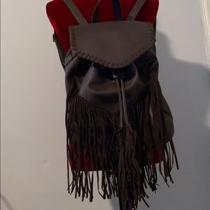 Brown Faux Leather Fringe Backpack